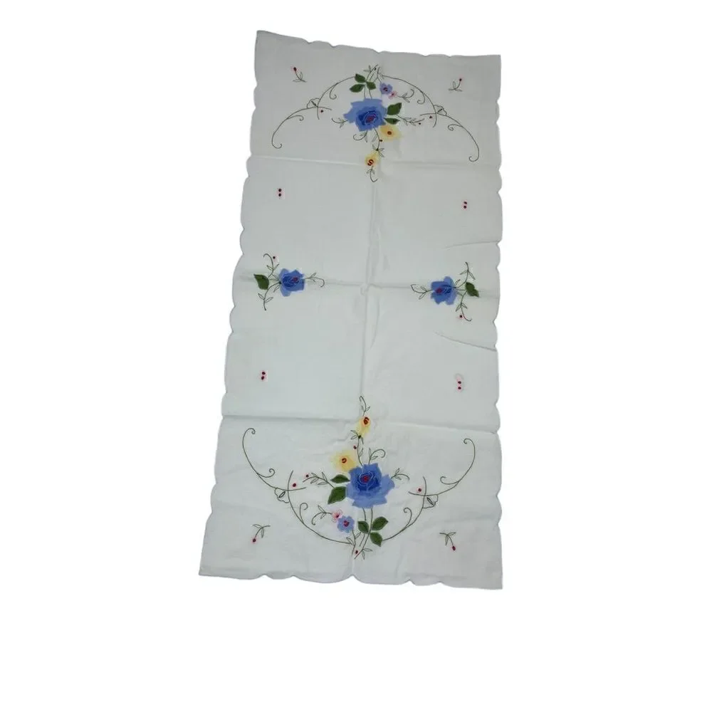 Vintage White Table Runner with Embroidery  Blue Rose Floral Detail